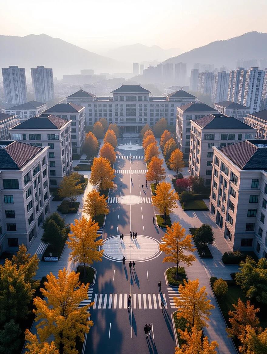 Aerial wide shot of a sprawling modern university campus in Chongqing. Early November morning atmosphere with soft haze. Overcast sky and misty air. Autumn trees along campus roads. Students in jackets walking about. Cinematic realistic lighting with slightly desaturated colors.