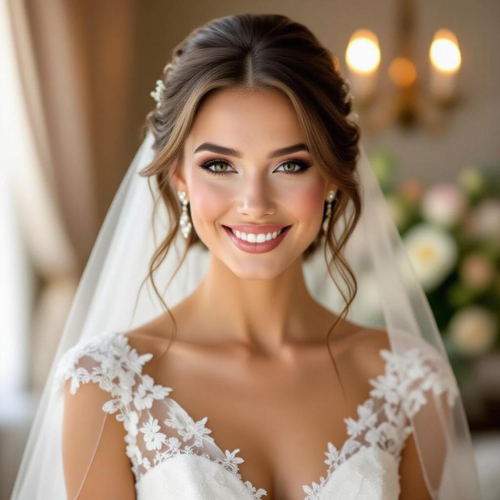 Human bride wearing beautiful dress. Bride smiles warmly with flirty expression. Elegant and soft lighting in the setting.