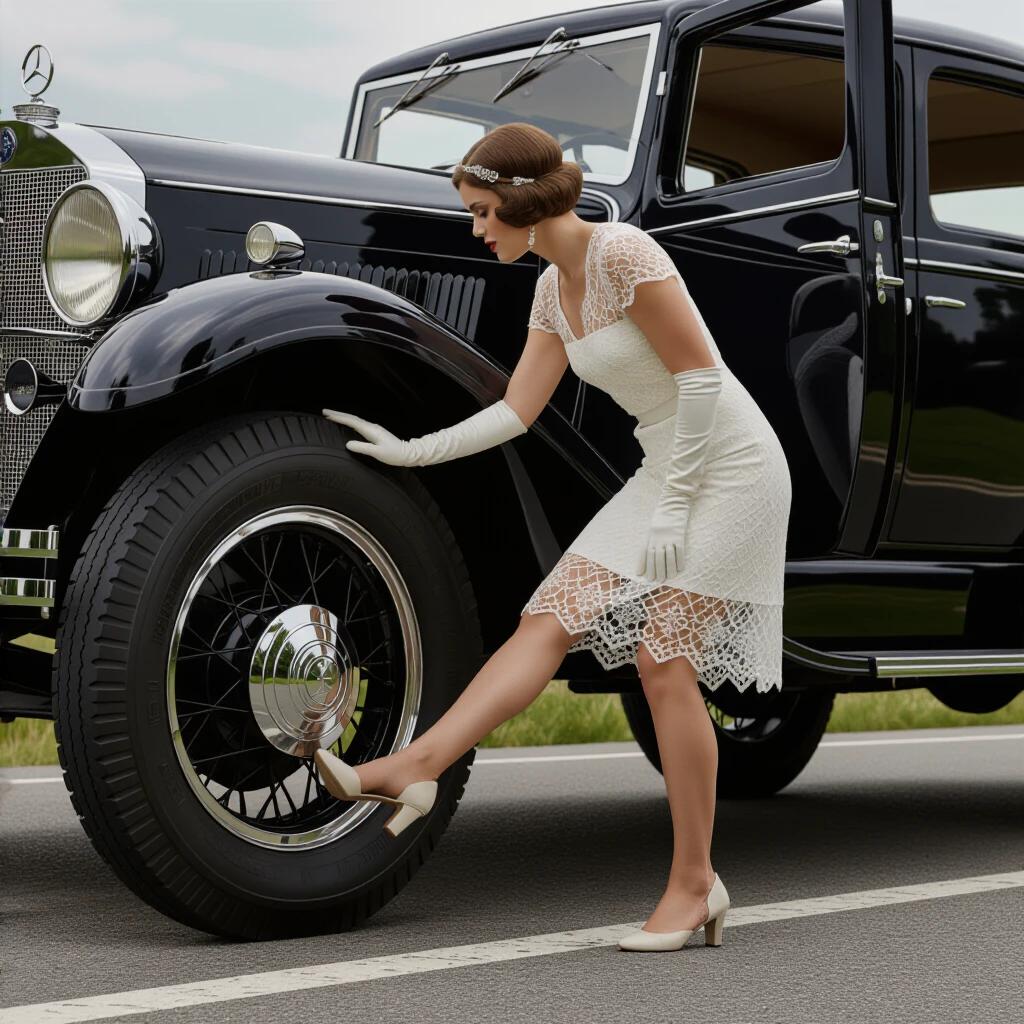 A vintage scene depicting a 1928 roadside incident. A socialite stands over a deflated tire. She wears a short white lace dress and elbow-length gloves. The tire shows dynamic deformation from contact. A classic Mercedes 18/100 PS Sportwagen is fully visible with the driver door opened. The background features misty mountains. The photo is captured from a ground-level perspective.