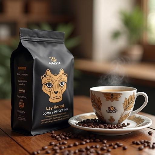 Focus on a coffee bag and a beautifully designed coffee cup on a small plate. Surroundings are cozy with natural light coming in. Emphasize the coffee theme.