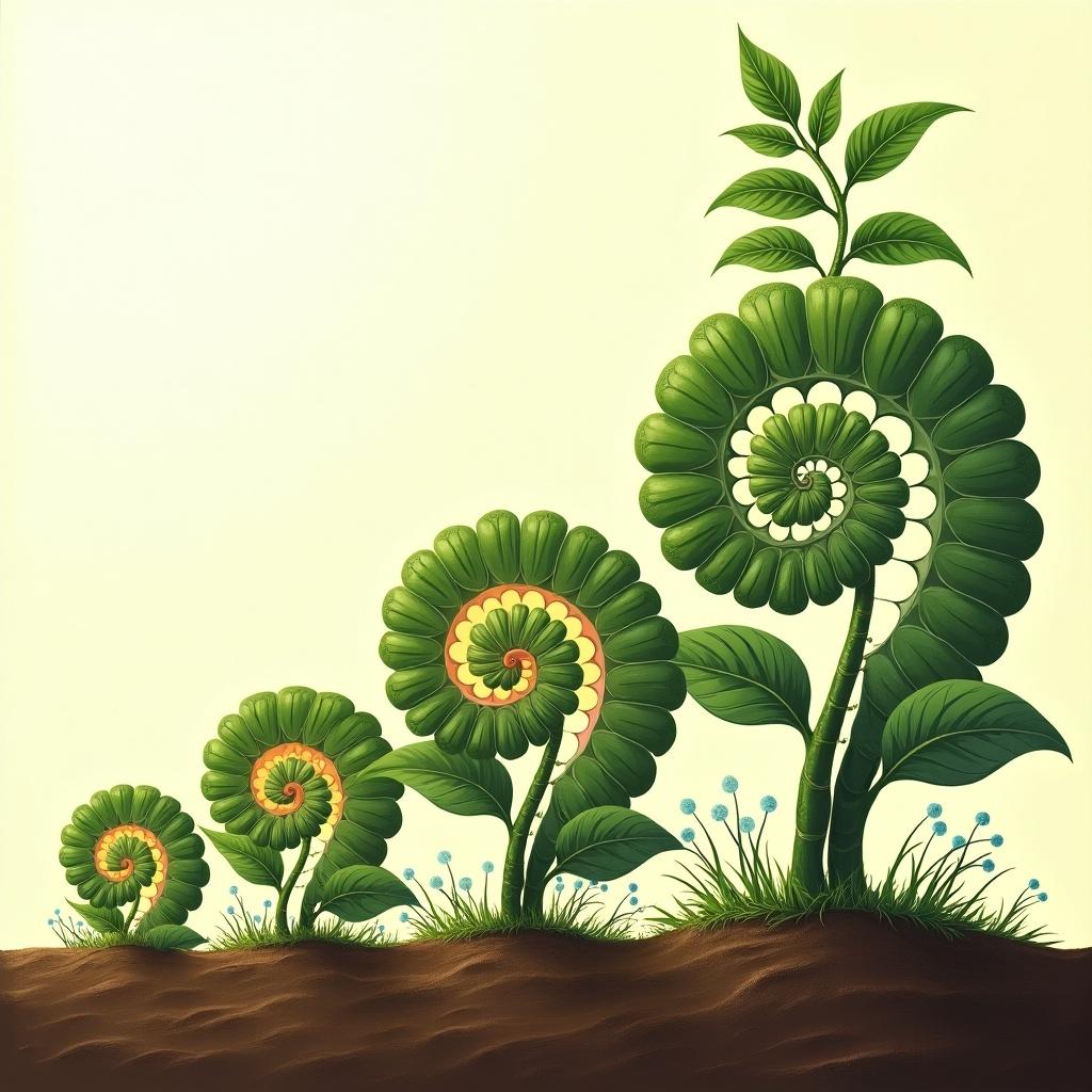 This image illustrates the Fibonacci sequence through the life stages of ferns, showcasing various spirals in shades of green. Each fern unfolds beautifully, representing growth and nature's patterns. The background is a soft yellow that highlights the greenery and adds warmth to the illustration. The ground reflects a natural earth tone, anchoring the plants. Small blue flowers add a pop of color, enriching the scene.