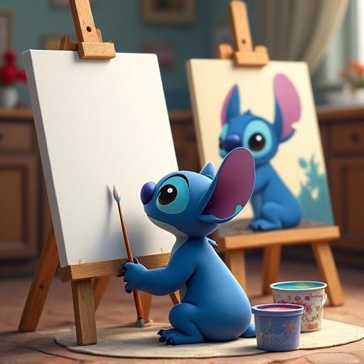 Character Stitch sitting in front of an empty canvas holding a paint brush. Background has paintings of Stitch character. Paint buckets are on the floor.