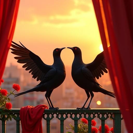 Two nightingale birds dressed as Spanish matadors stand on a colorful balcony. They face each other with their wings spread dramatically. The scene captures a sunset over Madrid. Warm golden light illuminates the background. Red flowers and a flamenco scarf decorate the railing. Soft wind billows the curtains. The atmosphere feels romantic and surreal.