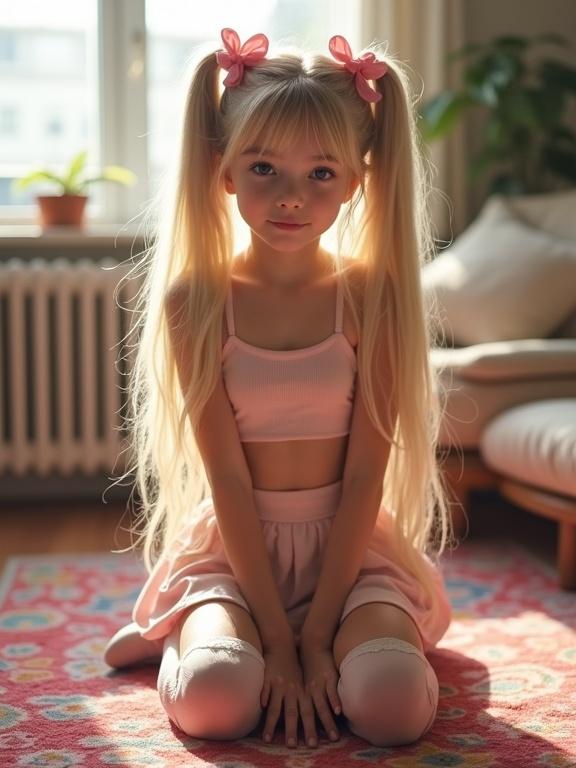 A girl kneels on a colorful rug in a softly lit living room. She has long blonde hair tied in twin tails with pink bows. She wears a short crop top and a pale pink skirt. Includes thigh-high socks and black shoes. Beautiful expression and graceful pose.