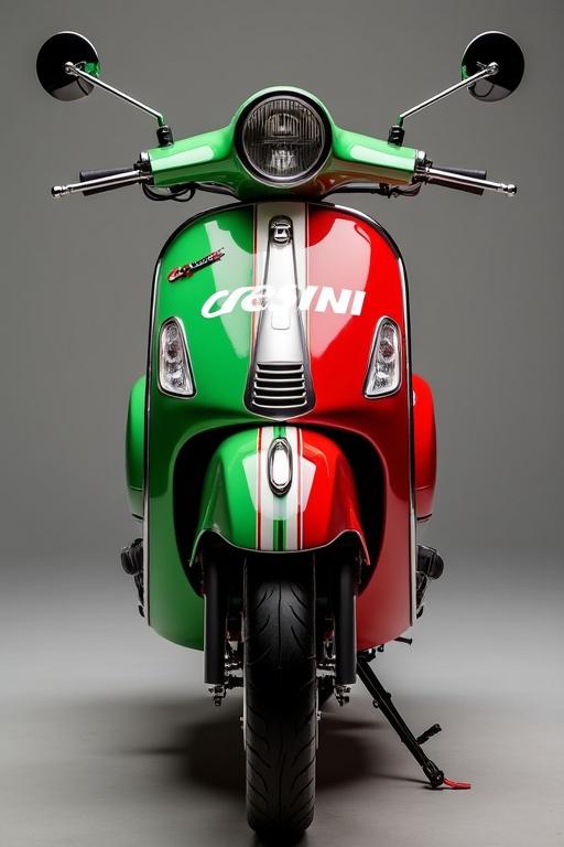 Vespa GTS300 features vibrant Gresini GP team colors in a studio setting
