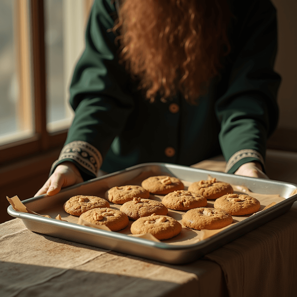 A person is holding a tray of freshly baked cookies by a window.