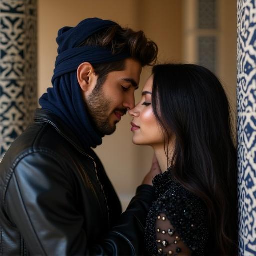 Young couple holding hands looking at each other with affection against a decorative wall. They are in a close embrace showing intimacy. The man wears a dark blue head covering and a black leather jacket. The woman has long black hair and a sequin outfit. The background features intricate blue patterns.