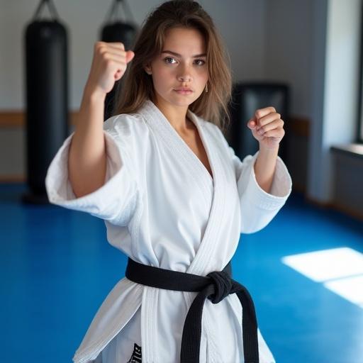 Young woman in a karate dojo. Wearing a white karate gi with a black belt. She is in a fighting stance. One arm is extended forward. Background shows a blue mat and martial arts equipment. Bright lighting highlights her form and gi details.