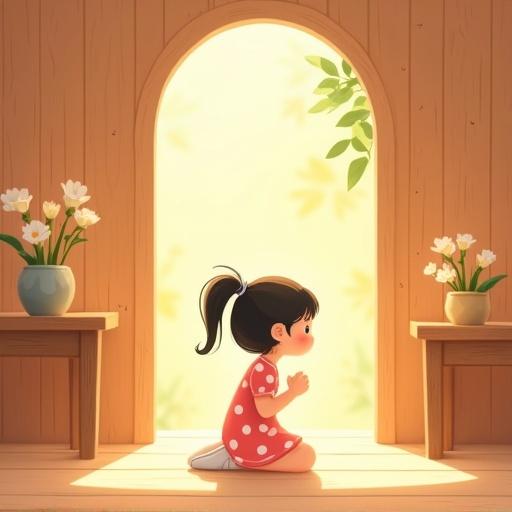 Soft flat-style illustration of a young girl inside a wooden house. Warm light fills the room. The girl wears a pink dress with white polka dots. She kneels on the floor, showing subtle tension with her posture. The atmosphere appears peaceful, but her mood suggests an internal conflict. No facial features depicted.