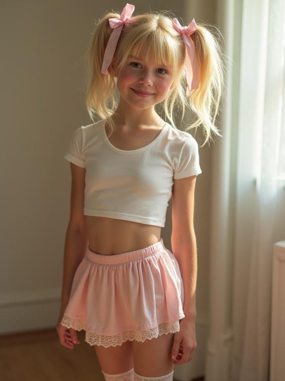 A blonde girl stands in a softly lit room. Twin tails with pink ribbons bounce as she shifts. She wears a white crop top and a pink skirt above mid-thigh. Her legs are in lace-trimmed socks. She tilts her head with a playful sparkle. Soft shadows create a casual feel.