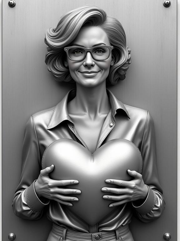 The image showcases a polished stainless steel plaque. A woman stands elegantly. She holds a plush heart-shaped pillow against her chest. Her attire is a fitted open blouse. Her hairstyle and glasses are finely sculpted. The sculpture radiates confidence.