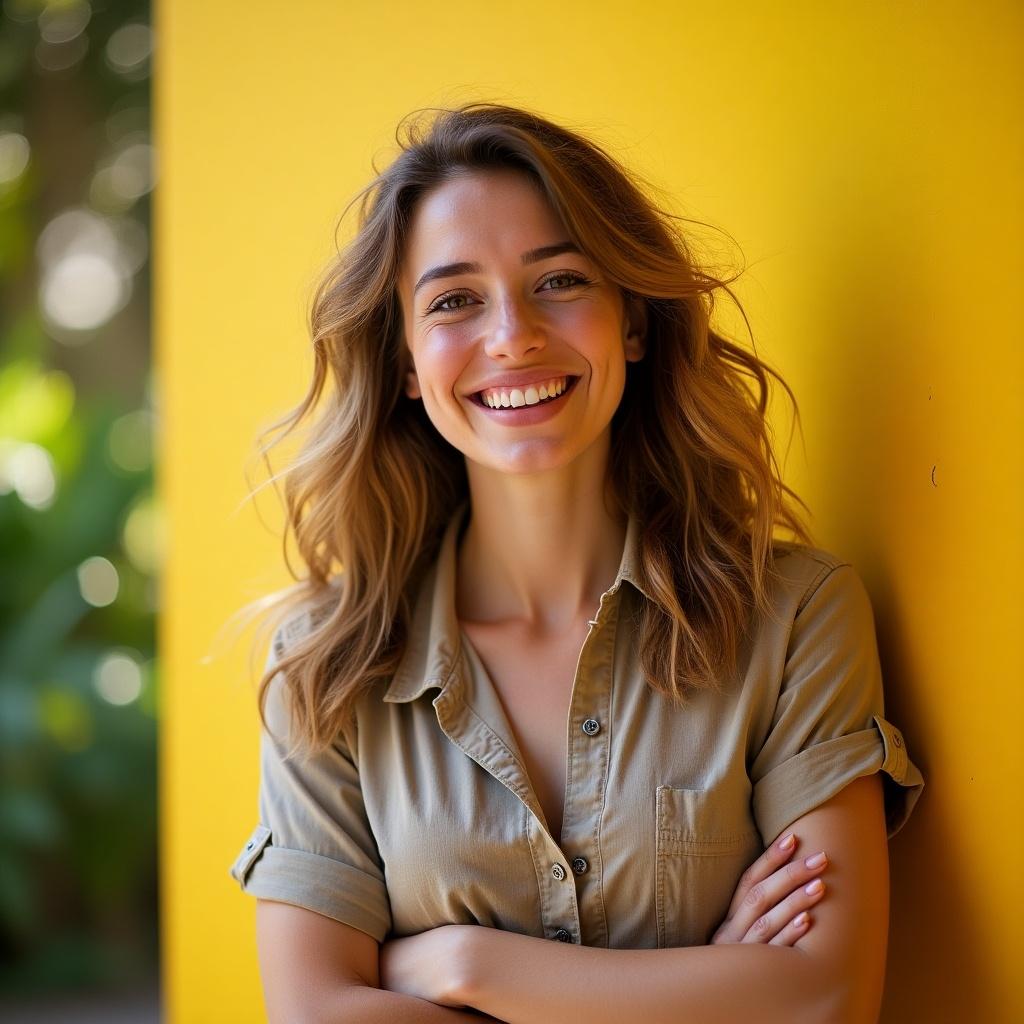 A woman standing outdoors in a park. She has long brown hair and is smiling at the camera. She wears a light blue blouse with buttons. Green trees surround her.