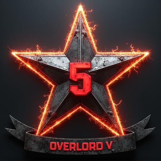 Five-pointed star forged in steel with glowing edges. The number 5 cuts through center with red and railgun designs. Hybrid core of nuke and AI. Holographic map on lower half. Five dog tags hanging. Banner reads OVERLORD V.