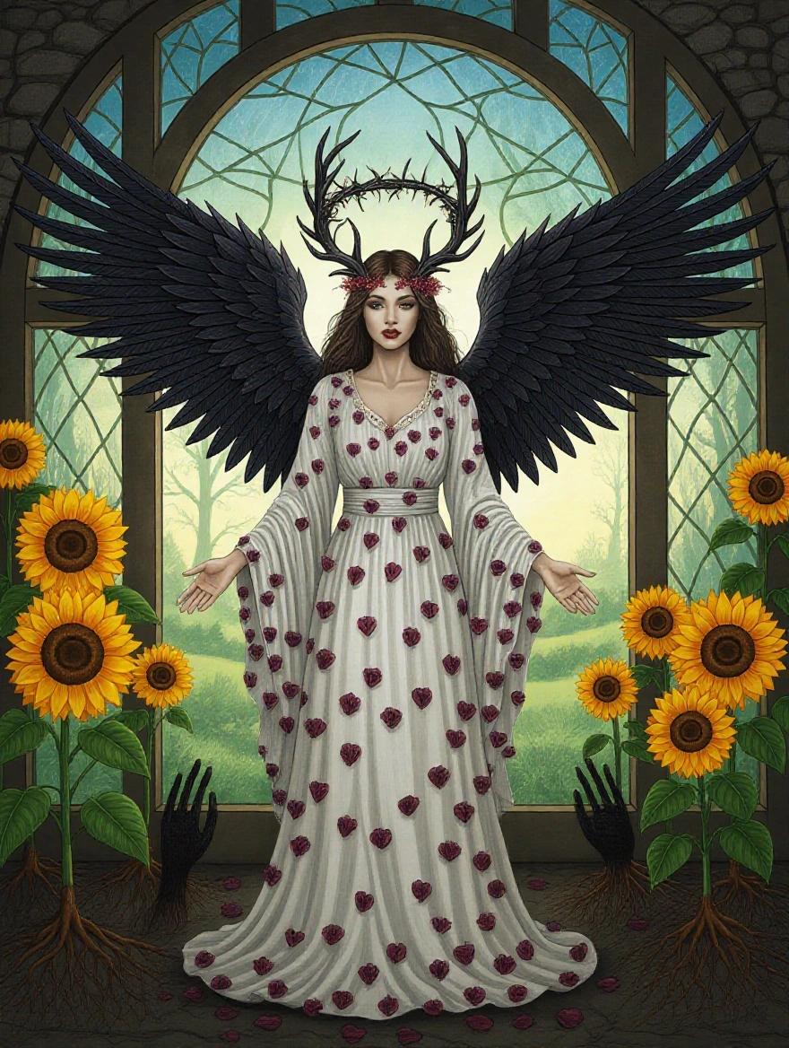 Funeral Flower Garden. Angel in robes of withered petals. Charred deer antlers and rotating crown of thorns. Hollow wings show distant scorched forests. Sunflowers with charcoal hearts. Roots form intertwined hands. Stained-glass window depicts a fragmented paradise.