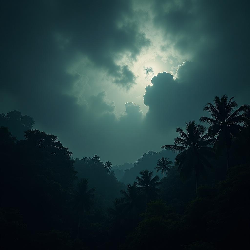 The image depicts a dark and stormy sky, symbolizing chaos and fear. A shadowy jungle fills the foreground, embodying the untamed nature of the island. The sun's light struggles to break through the dense clouds, illuminating small patches of the landscape. Tall palm trees stretch upward, their silhouettes contrasting against the brooding sky. The overall atmosphere evokes a sense of mystery and adventure, inviting exploration and intrigue.