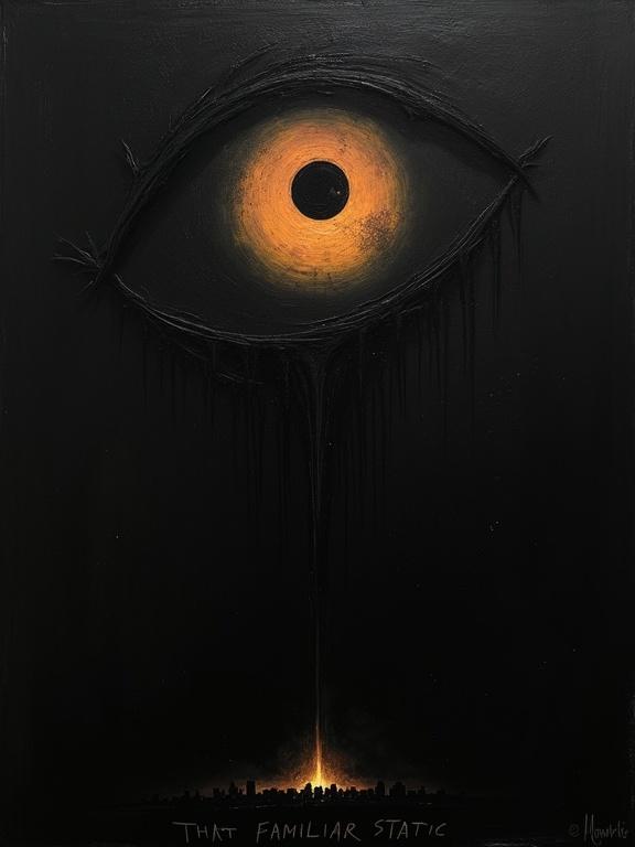 An extremely rough oil painting on black background features a giant stylized eye filled with cosmic void. Eye is at the top. The words 'That Familiar Static' and 'H. Bellerose' in silhouette at the bottom, shaped like a town.