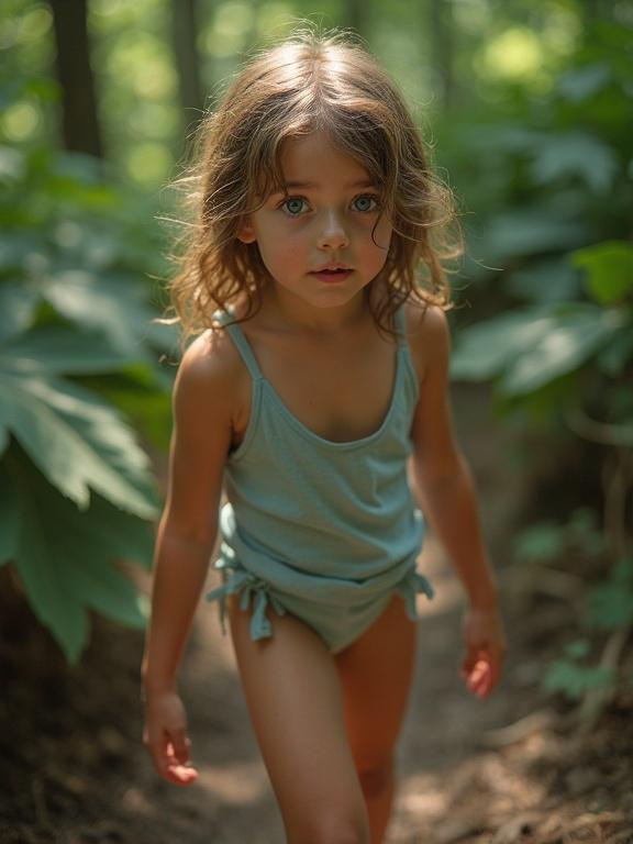 Young girl walking in the forest wearing a swimsuit. Focus on her blue eyes. Scene captures natural beauty. Enhanced realism through soft lighting.