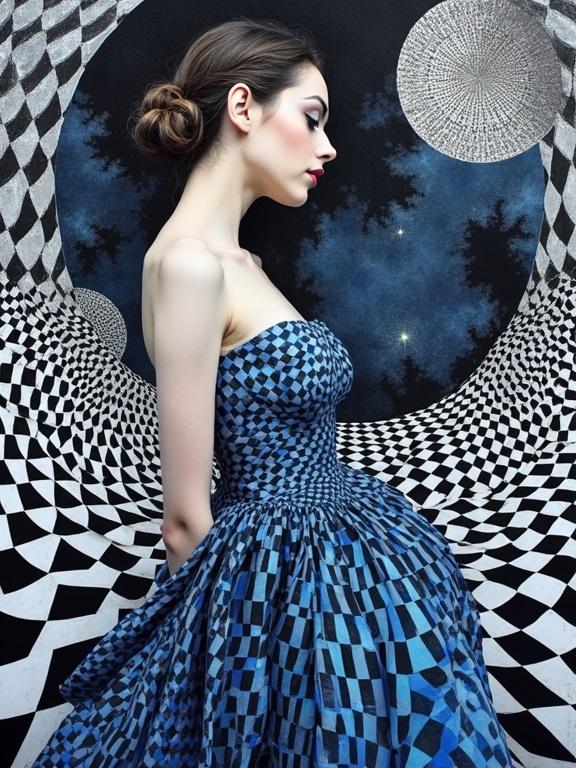 Surreal 3D collage portrait of a woman in a kaleidoscopic dress. Surrounding intricate geometric patterns and optical illusions. Styles of Escher, Riley, Delaunay. Colors include black, white, silver, violet, indigo, blue. It features abstract shapes in mesmerizing designs.