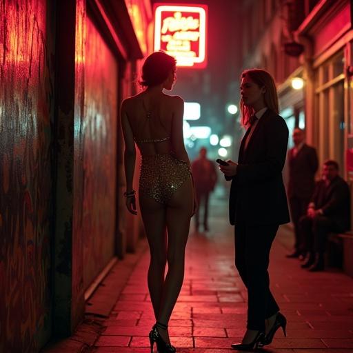 Dramatic alley scene with dancer in sequined gown and a woman in business suit. Neon sign casts shadows. Tension between characters. Street photography style. Urban atmosphere.