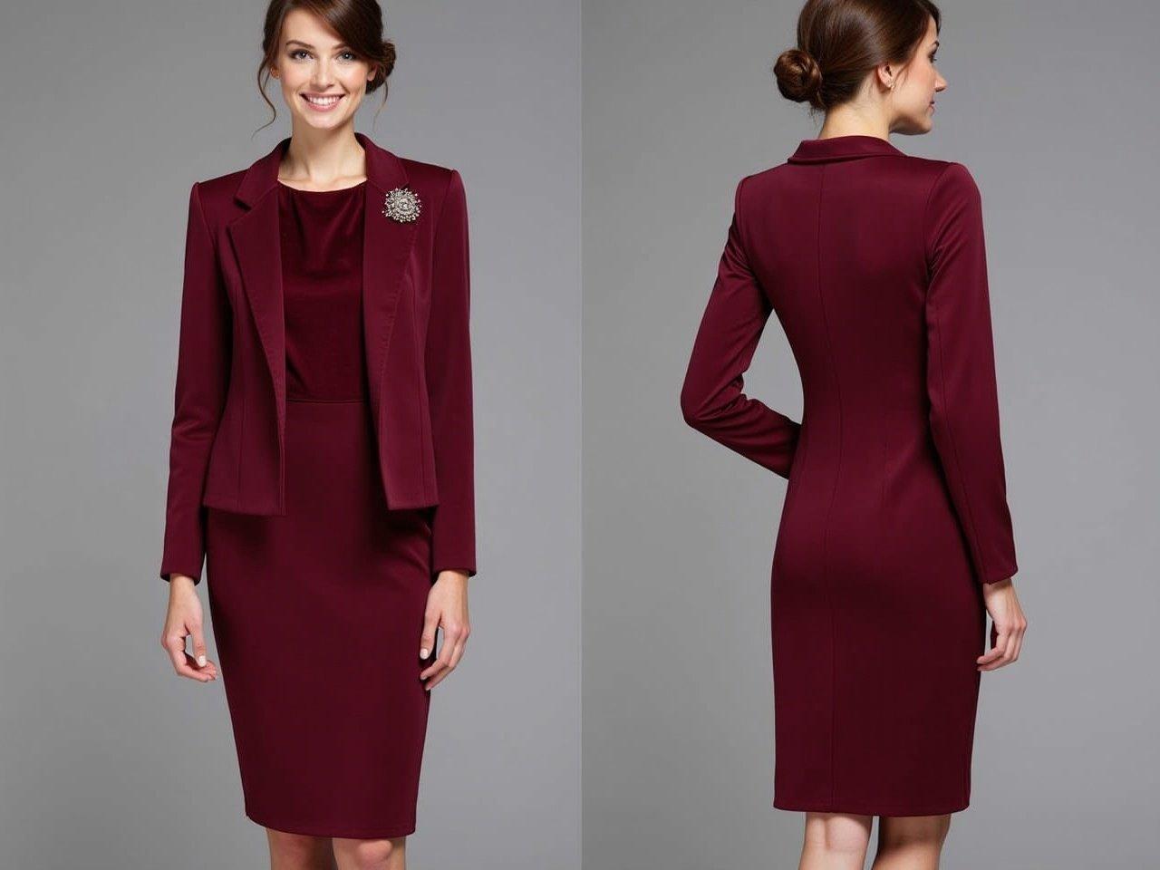 The image features a model wearing an elegant burgundy dress. The dress has long sleeves and a knee-length style with a coat-like top. There is a delicate brooch on the left side, adding a touch of detail. The model poses in two different angles, showcasing the front and back of the outfit. The fabric appears smooth and tailored, emphasizing a sophisticated look. The background is a simple grey, which contrasts nicely with the color of the dress.