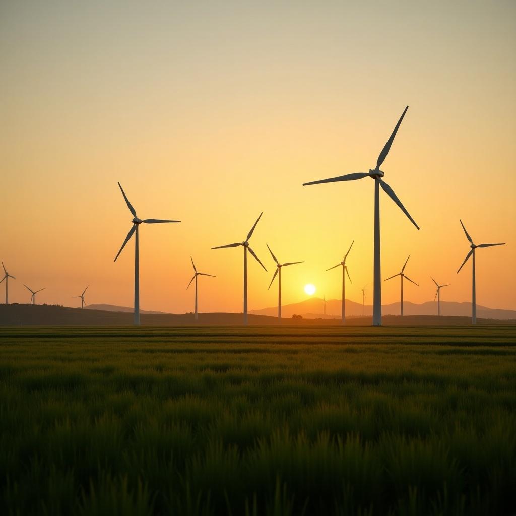 Image of wind turbines in a green field at sunset. Silhouettes of turbines against an orange sky. Sun setting behind mountains. Fields of green grass in the foreground.