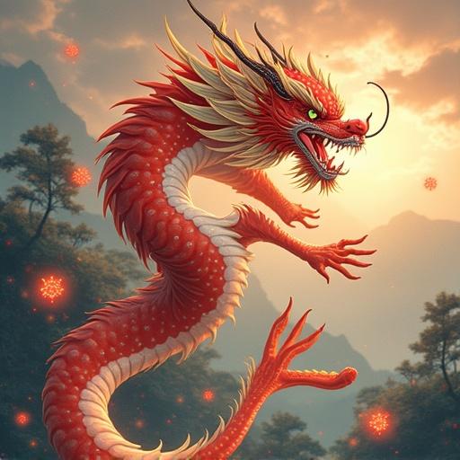 A vibrant red dragon soaring in the sky surrounded by mountains and faint sparkling elements