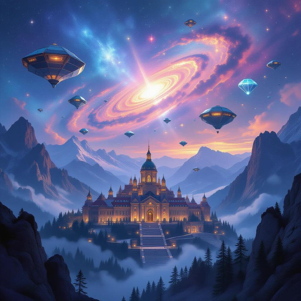 Close-up aerial view of a fantastical capital city depicted as a majestic castle surrounded by mountains and valleys. The scene features mystical blimps and flying fortresses amidst a vibrant celestial nebula, creating a magical atmosphere.