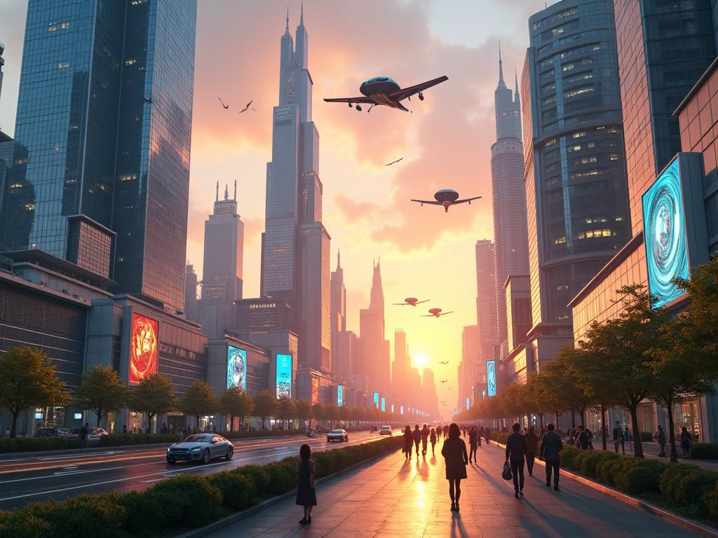 This image depicts a futuristic cityscape at sunset, showcasing tall skyscrapers and advanced technology. The skyline features a mix of traditional and modern architectural styles. In the sky, multiple aircraft and drones are flying, indicating a hub of technological advancement. The streets below are bustling with pedestrians enjoying the urban environment. Lush greenery lines the sidewalks, enhancing the city’s livability. Digital billboards display advertisements for various technology products, adding to the modern aesthetic.