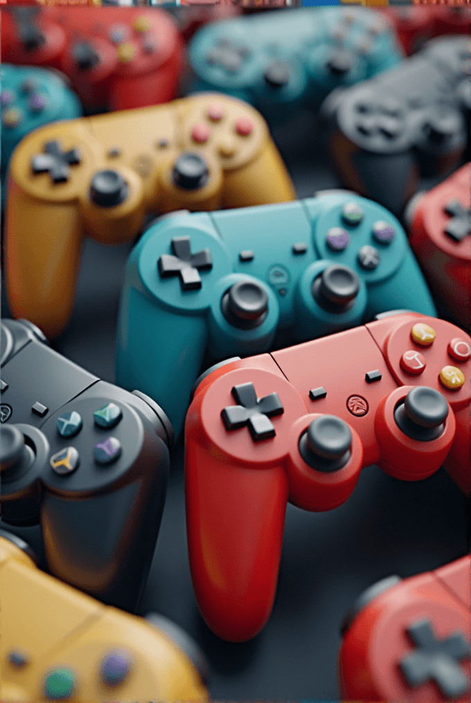 A collection of vividly colored game controllers including red, turquoise, black, and yellow, each featuring distinct button colors, arranged closely together.