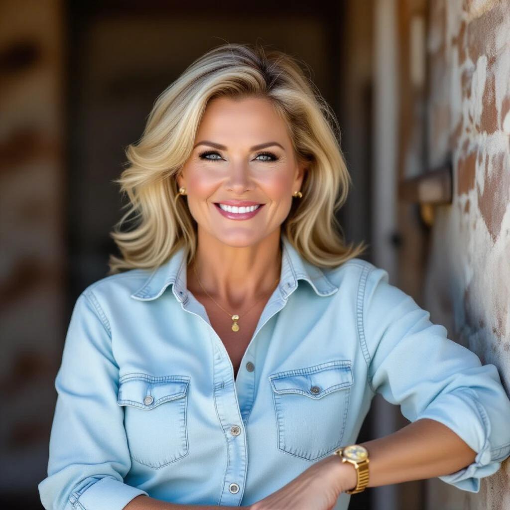 A woman poses confidently wearing a light blue shirt in a casual setting. She wears a delicate necklace and bracelet. The focus is on her style and demeanor.