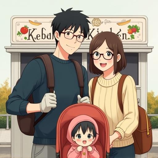 A Ghibli-style illustration features a joyful family at a food cart named Kebab Kitchen. The family consists of a man in dark blue shirt and gray pants holding a backpack. A woman in a light yellow knitted sweater smiles. A baby in a stroller wears a pink hooded outfit. The food cart showcases kebabs and vegetable illustrations.