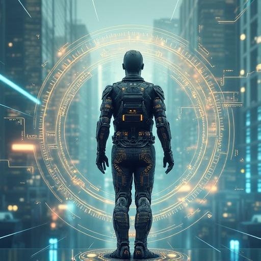 Futuristic humanoid robot in urban setting with digital interface. Highlighting advancements in AI and technology.