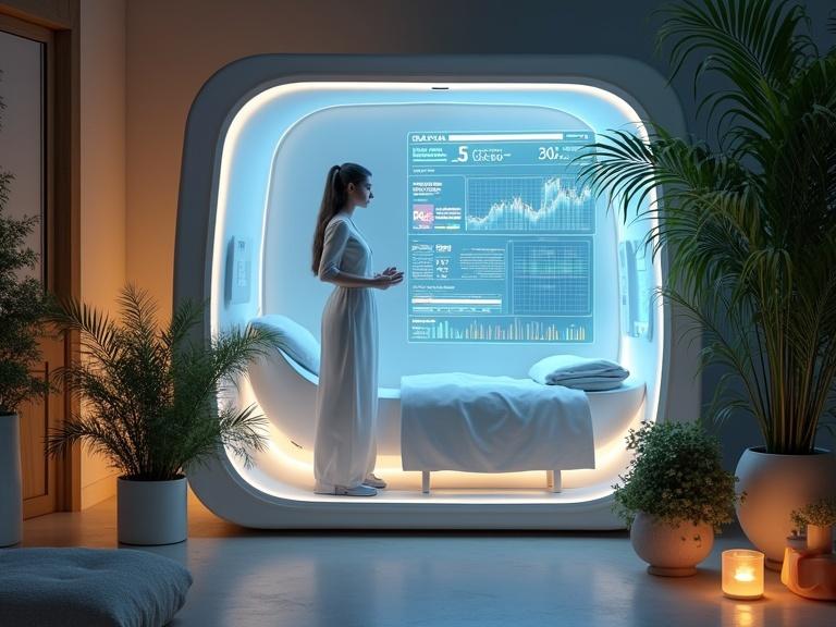 A wellness pod analyzes real-time vitals. Holographic UI displays health data. Surrounding ambient lighting creates a calming effect. Soft botanical elements add to holistic healing.
