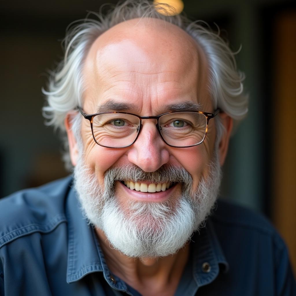 Smiling older man with full beard and glasses. Bright presence. Cheerful expression. Close-up portrait.