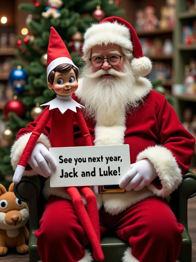 An elf on the shelf sits next to Santa Claus in a Christmas-themed workshop. Santa wears a classic red suit. The background features a Christmas tree and decorations. The elf, dressed in red with white trim, holds a sign that says 'See you next year, Jack and Luke!'. Action figures and stuffed animals are also present.