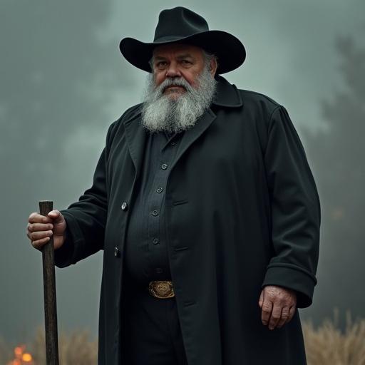 Huge man dressed in black funeral clothes and black cowboy hat holding a shovel with grey hair.