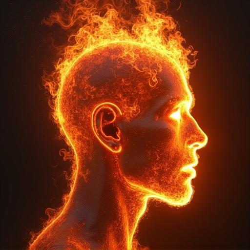 Man's face with fire simulation created using Houdini. Flames and tendrils of fire emanate from the head, glowing orange and yellow against a dark background. Profile view showing intense expression.