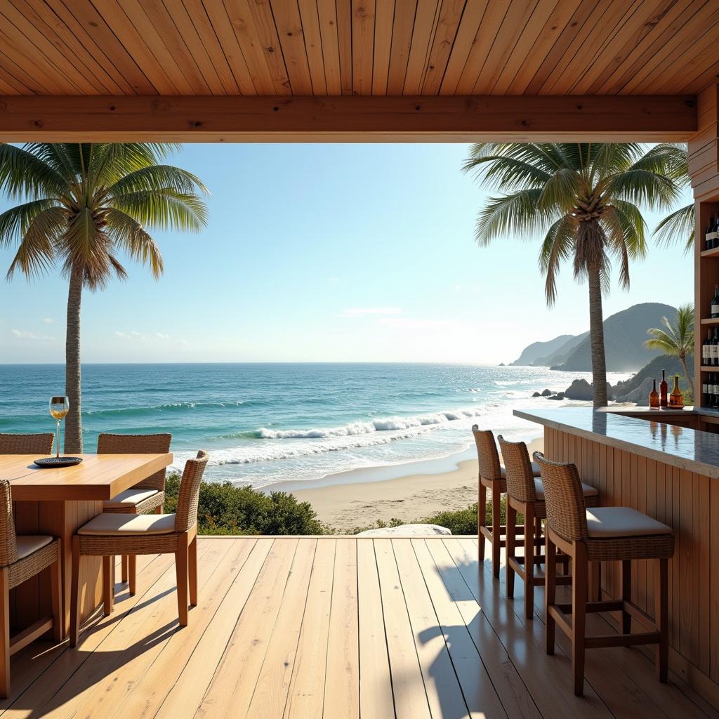 Imagine a palapa with a stunning view of the Pacific Ocean and the beautiful Santa Barbara beach in the background. The palapa features light wood floors that create a warm, inviting atmosphere. A stylish bar is present, showcasing a modern interior design that blends seamlessly with the natural surroundings. The space is illuminated by bright sunlight, enhancing the tropical vibe. Palm trees frame the view, adding to the overall serenity and appeal of this beachside retreat.