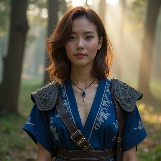 A 25-year-old female scout in a deep indigo kimono with silver floral embroidery. She displays graceful composure in a peaceful forest at dawn. The soft light enhances her porcelain-like skin. Her archery armor combines elegance with functionality. A longbow and tools signify her expertise. Her hair is styled with a kanzashi hairpin and curls softly to one side.