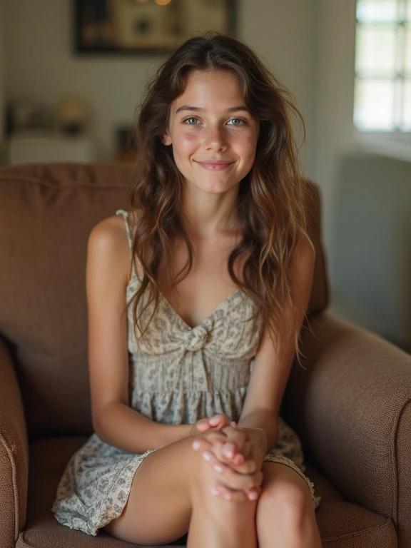 A girl is sitting on a chair in a living room. She wears a mini sundress and sandals. The ambiance is cozy and casual. Soft natural light fills the room. The girl has brown hair and is posed with her hands clasped. The image has a pixelated and low-resolution quality.