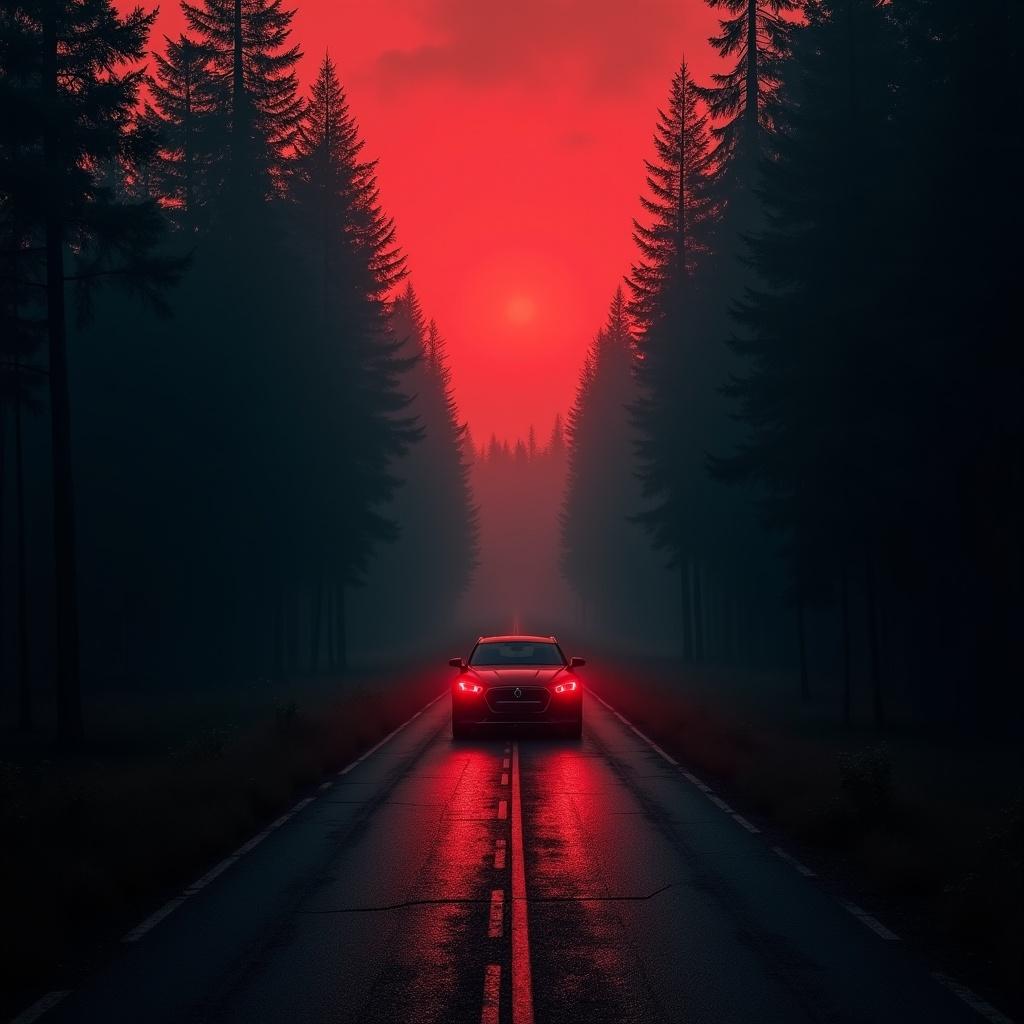 This image depicts a car situated between towering trees along a narrow road. The atmosphere is saturated with fear, emphasized by a pitch-black sky that glows ominously red. The perspective is from a top-down angle, showcasing the secluded path that seems to lead into darkness. The surrounding forest looms in shadow, creating a sense of impending doom. The overall vibe is chilling, evoking horror and tension as the car traverses this eerie setting.