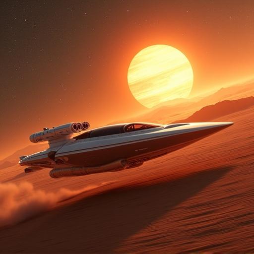 Futuristic car travels through space towards a glowing sun. Background features a desert-like planetary scene with a dramatic sunset.