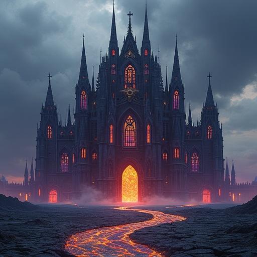 A massive Gothic-industrial fortress rises from a flat, scorched wasteland. The structure combines elements of a forge and a fortress. Dark gilded blackstone with golden accents. Glowing lava flows like trim across the architecture. Towering spires and smokestacks. Gear-driven gates and purple stained-glass windows. Flat and barren landscape with cracked stone and molten rivers. Dark, stormy sky. Symmetrical and monumental design with forge-light and magic energy.