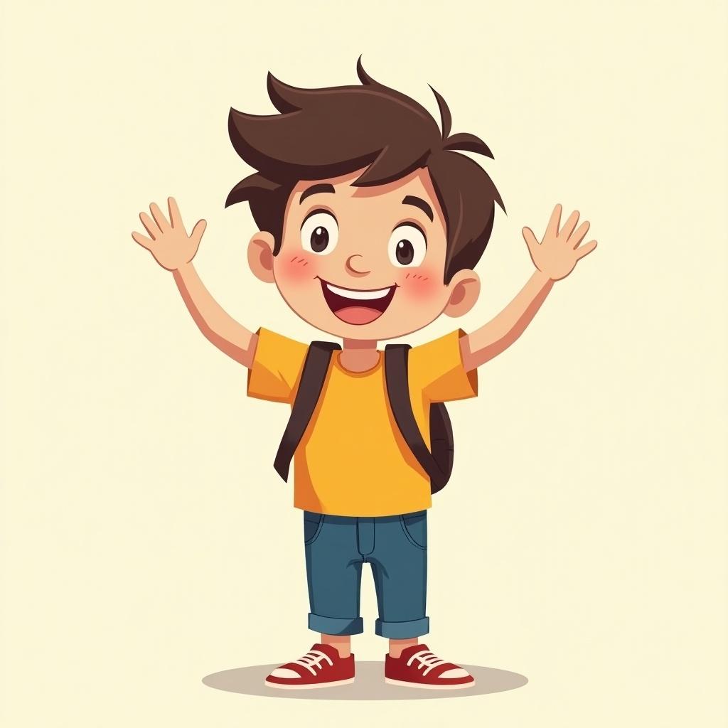 Cartoon illustration of a cheerful boy named Marcus with a backpack wearing a yellow t-shirt and blue jeans. Arms are raised in excitement. Bright background.