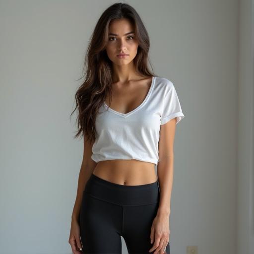 Brunette woman wears a casual white T-shirt and black athletic pants. The setting is indoors with soft lighting. The model has a slim waist and carries a confident pose.