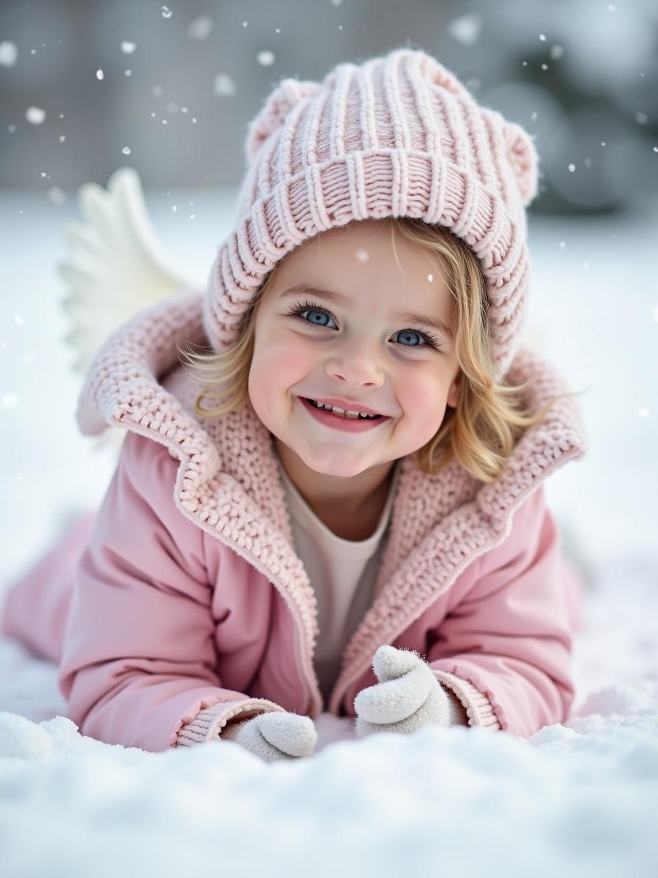 Whimsical toddler makes snow angel. Laying in snow. Bright pink coat and boots. Snow background. Disney illustration style.