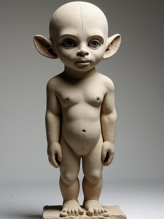 Humanoid statue made from stone. Features oversized head elongated ears deep-set eyes. Face has prominent brow ridge long straight nose tightly compressed lips. Short neck broad shoulders. Blocky torso arms in low relief hands over belly. Carved from single stone block no legs on stone platform.
