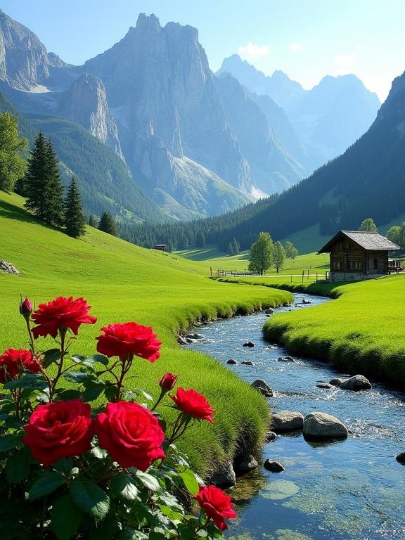 A stunning mountain landscape features red roses in the foreground beside a winding stream. Vibrant grass meadows stretch into the background with scattered trees. A small wooden cabin is nestled among trees under towering rocky mountains with a bright blue sky above.
