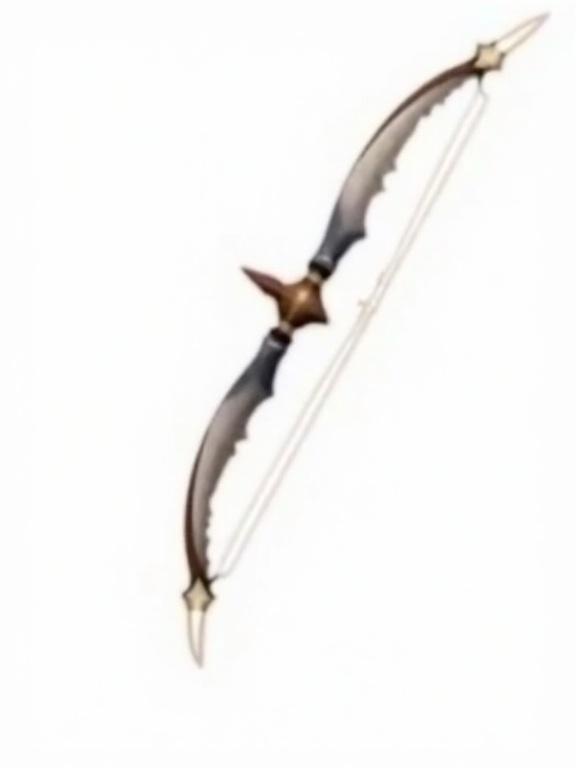 A big quill bow with a bowstring. No background is present. It serves as a weapon in an ARPG. The design features sharp edges and a unique aesthetic. The asset is intended for use in games.
