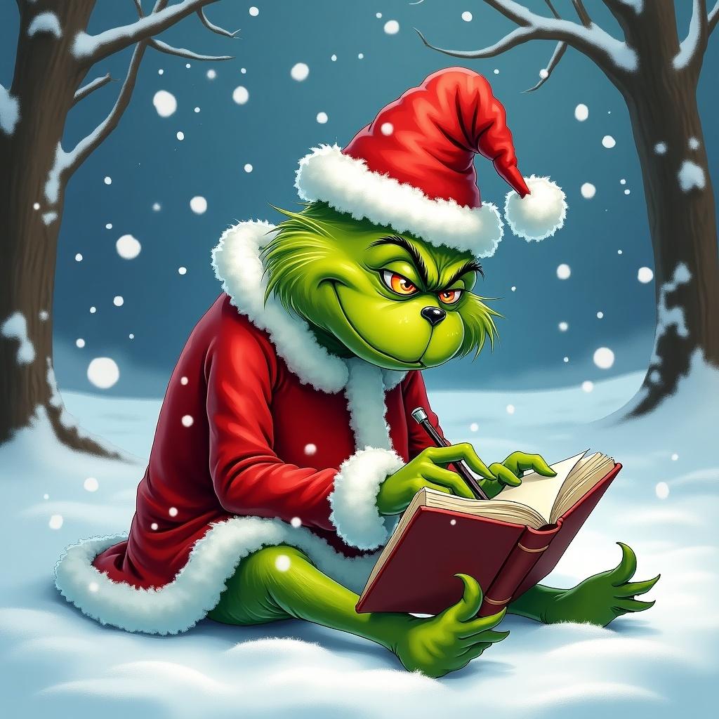 Image of the Grinch in a red Santa outfit. Sitting in the snow. Writing in a book. Surrounded by a snowy landscape. Snowflakes falling. Mischievous and festive mood.